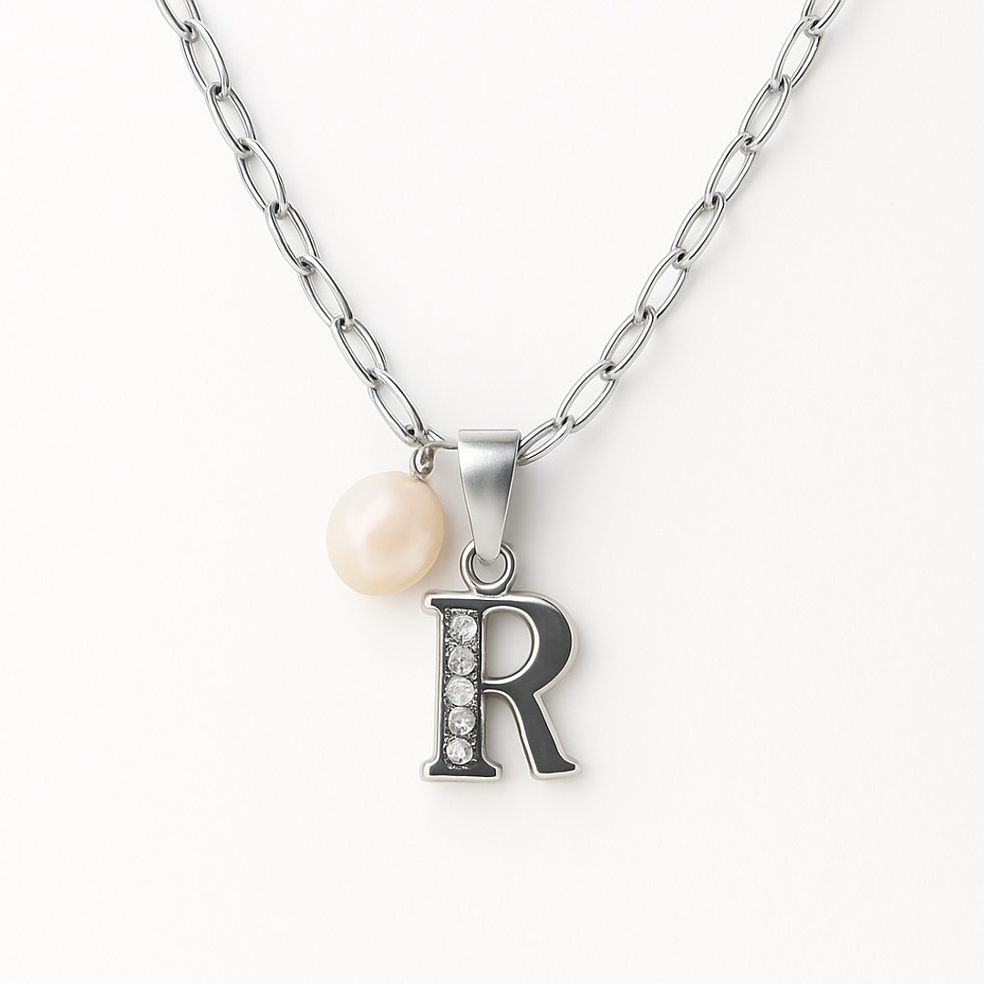 Collar Letra R Circón Perla De Rio Plata Ley 925  1