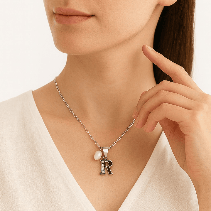 Collar Letra R Circón Perla De Rio Plata Ley 925  2