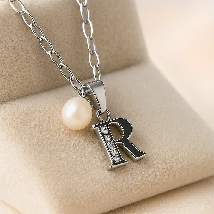 Collar Letra R Circón Perla De Rio Plata Ley 925  3