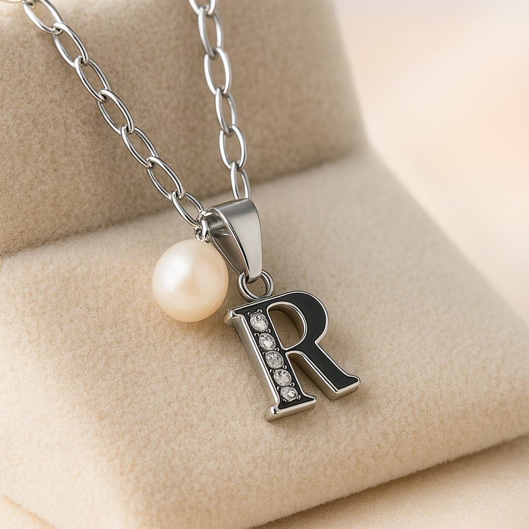 Collar Letra R Circón Perla De Rio Plata Ley 925  3