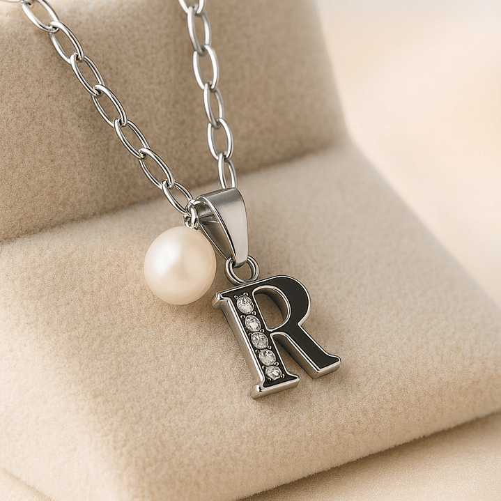 Collar Letra R Circón Perla De Rio Plata Ley 925  3