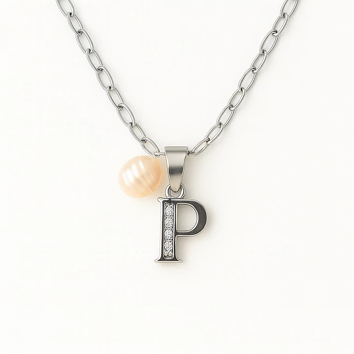 Collar Letra P Circón Perla De Rio Plata Ley 925  1
