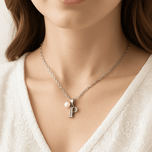 Collar Letra P Circón Perla De Rio Plata Ley 925 