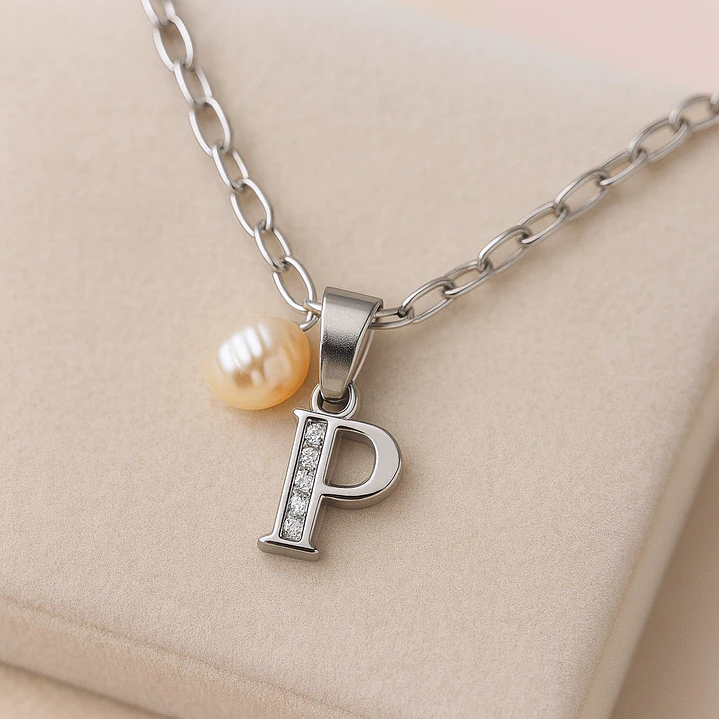 Collar Letra P Circón Perla De Rio Plata Ley 925  3