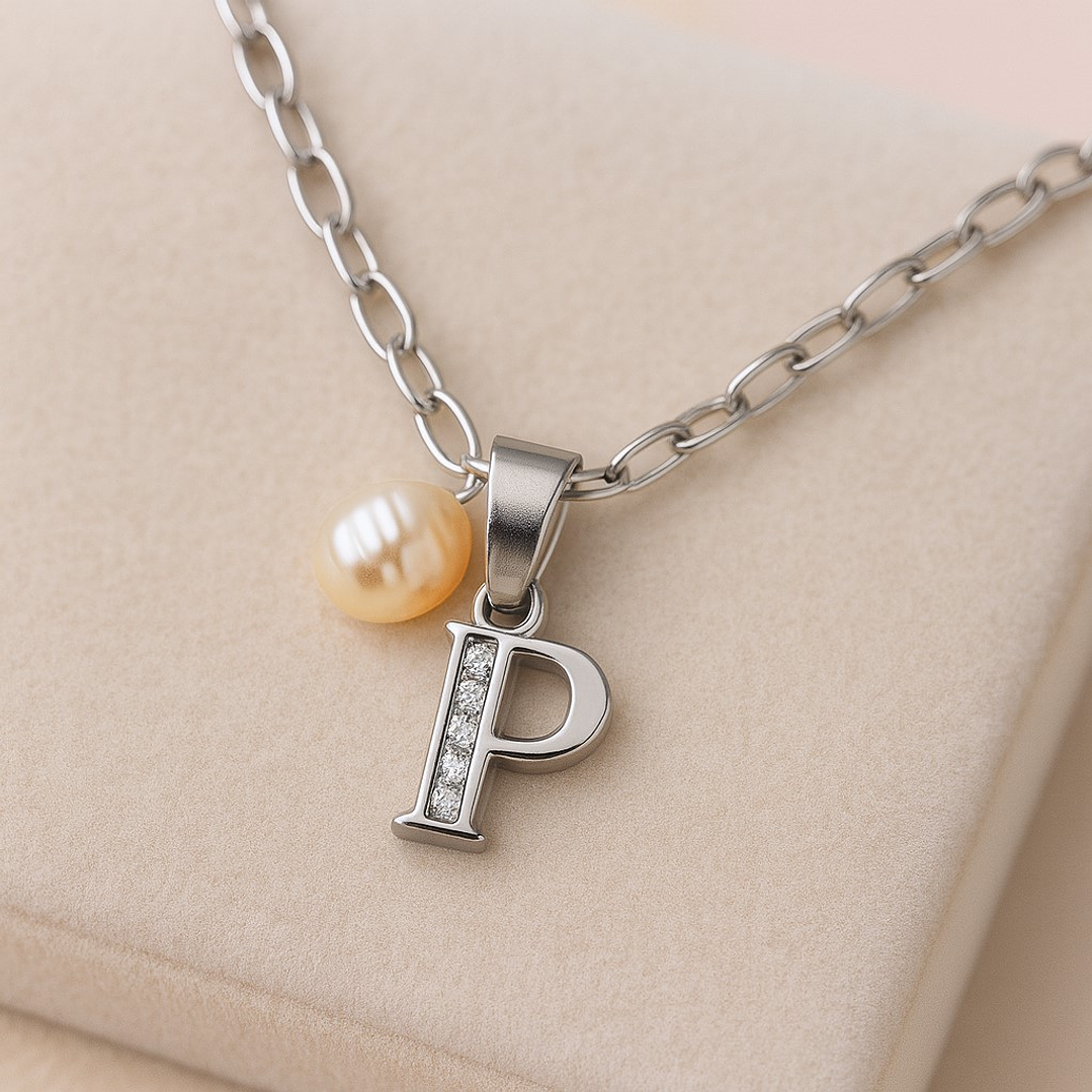 Collar Letra P Circón Perla De Rio Plata Ley 925  3