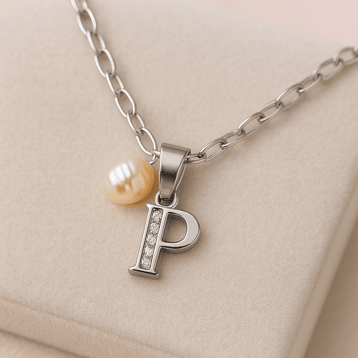 Collar Letra P Circón Perla De Rio Plata Ley 925  3