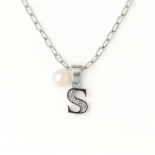 Collar Letra S Circón Perla De Rio Plata Ley 925 