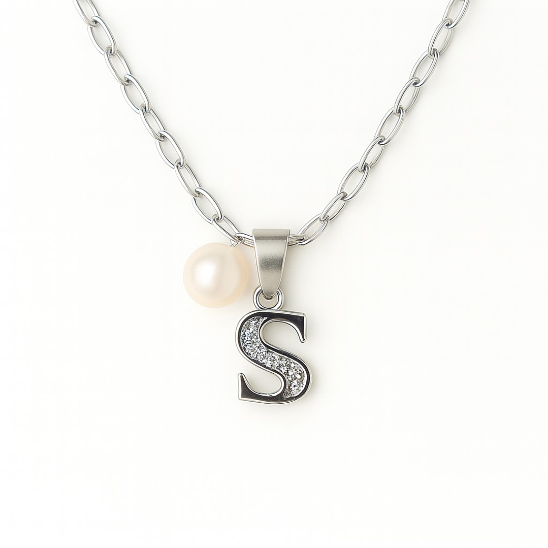 Collar Letra S Circón Perla De Rio Plata Ley 925  1