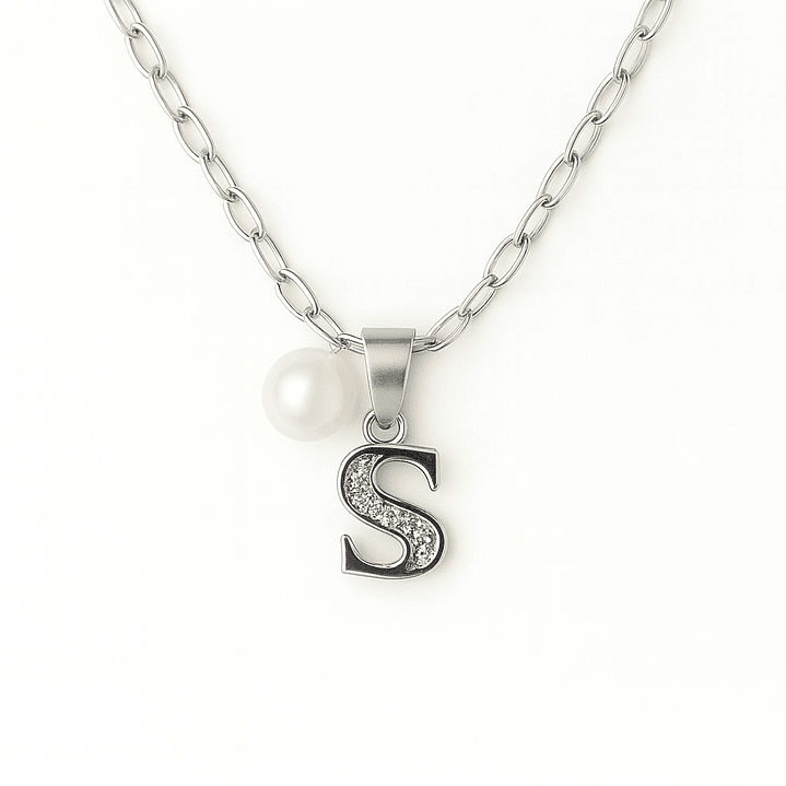 Collar Letra S Circón Perla De Rio Plata Ley 925  1