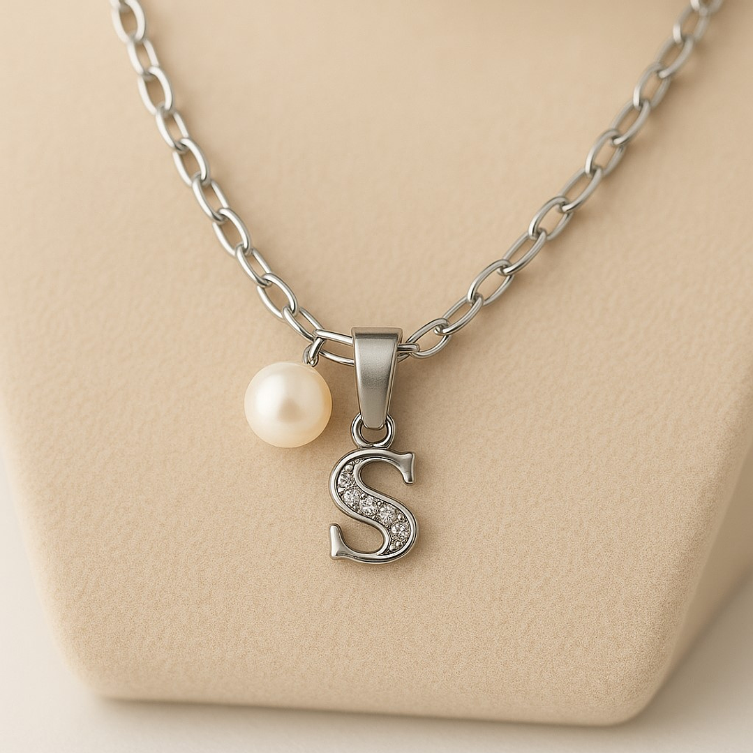 Collar Letra S Circón Perla De Rio Plata Ley 925  3