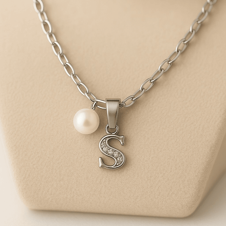 Collar Letra S Circón Perla De Rio Plata Ley 925  3