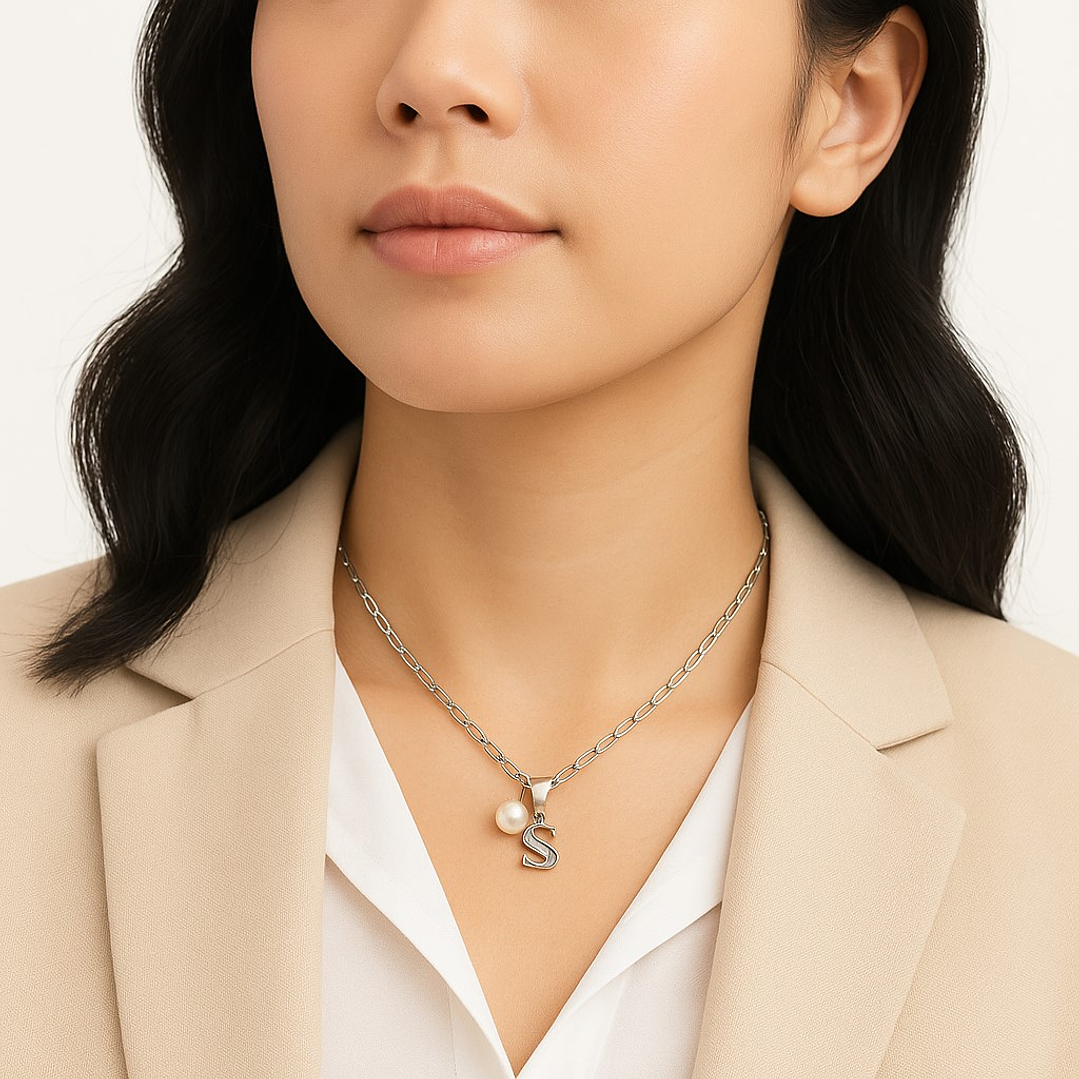 Collar Letra S Circón Perla De Rio Plata Ley 925  2