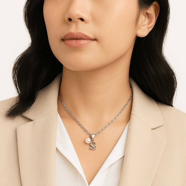 Collar Letra S Circón Perla De Rio Plata Ley 925  2