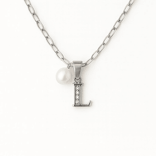 Collar Letra L Circón Perla De Rio Plata Ley 925 Plata 925 