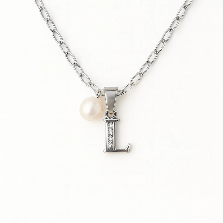 Collar Letra L Circón Perla De Rio en Plata Ley 925 1