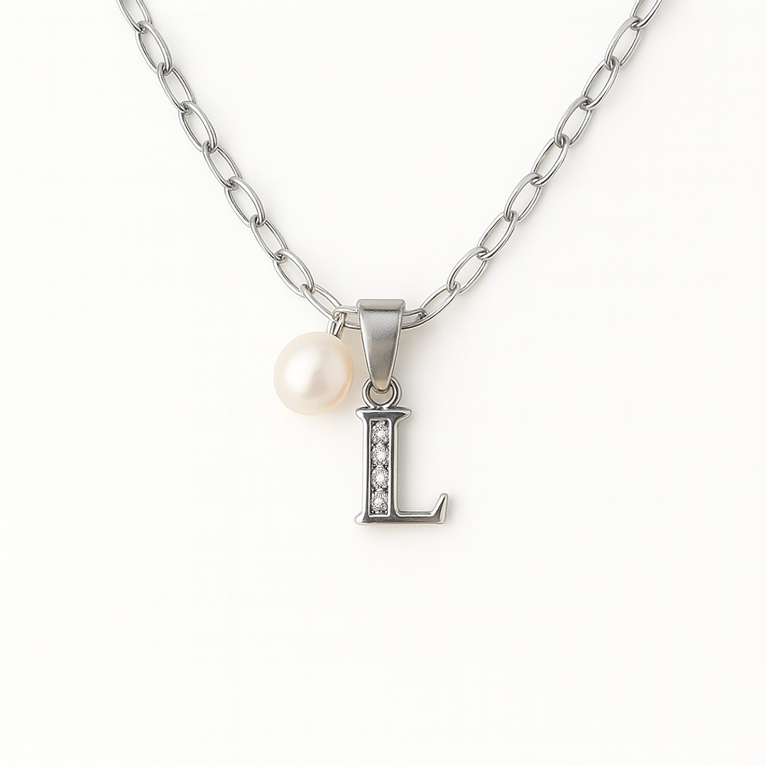 Collar Letra L Circón Perla De Rio Plata Ley 925 Plata 925  1
