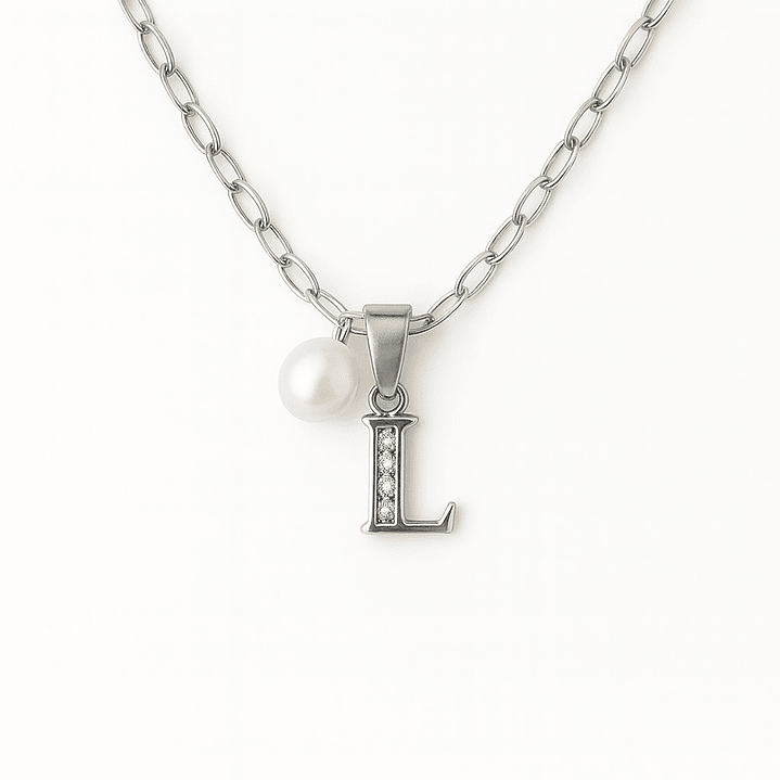Collar Letra L Circón Perla De Rio Plata Ley 925 Plata 925  1