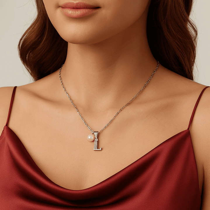 Collar Letra L Circón Perla De Rio Plata Ley 925 Plata 925  2