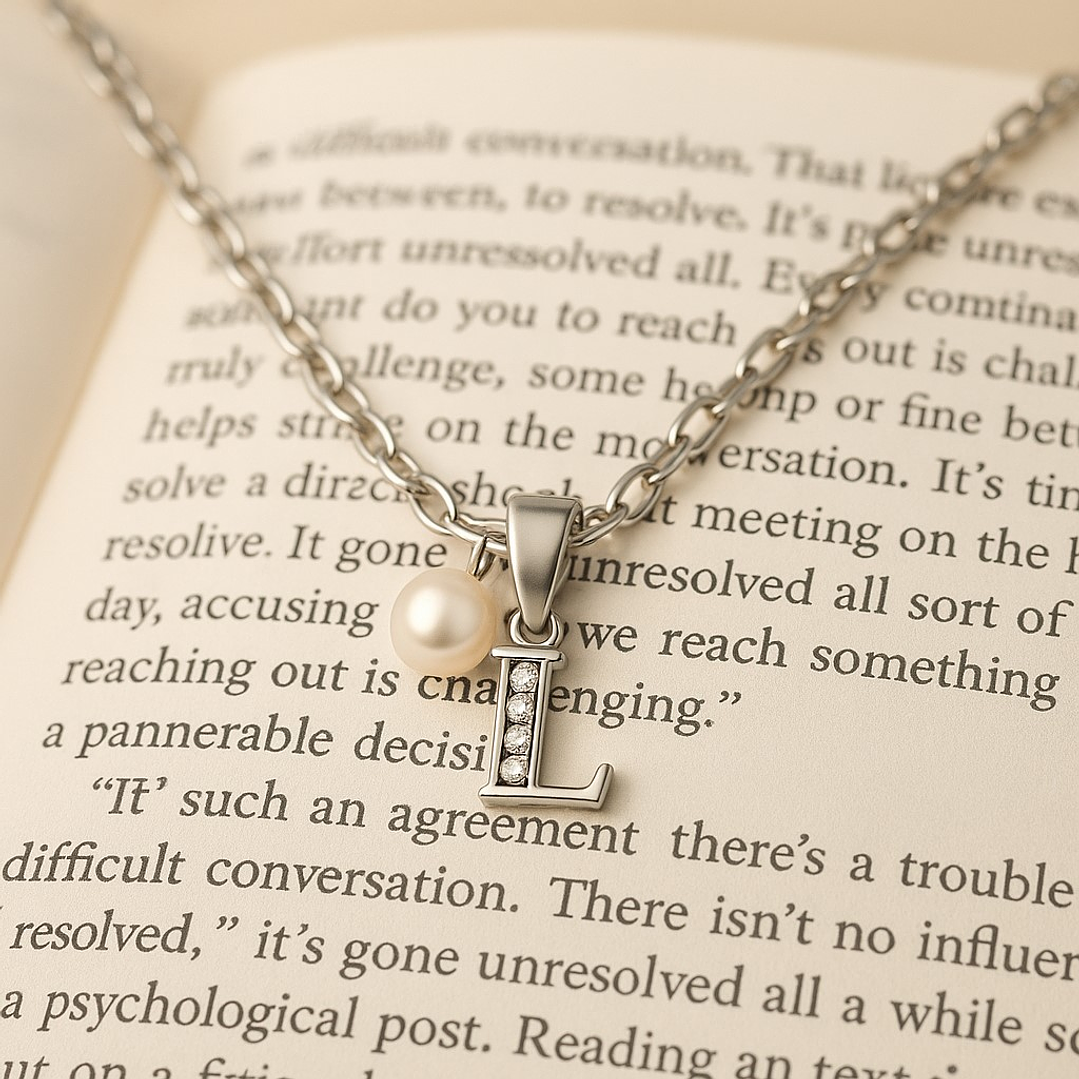 Collar Letra L Circón Perla De Rio Plata Ley 925 Plata 925  3