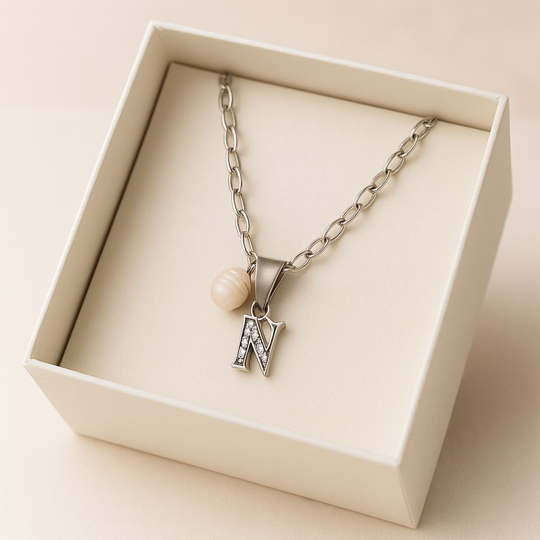 Collar Letra N Circón Perla De Rio Plata Ley 925  3