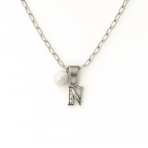 Collar Letra N Circón Perla De Rio Plata Ley 925 