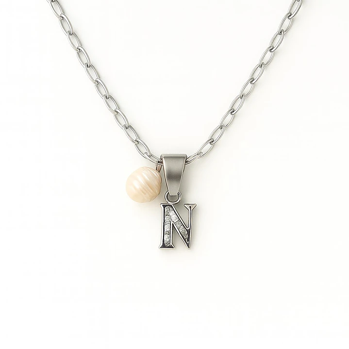 Collar Letra N Circón Perla De Rio Plata Ley 925  1