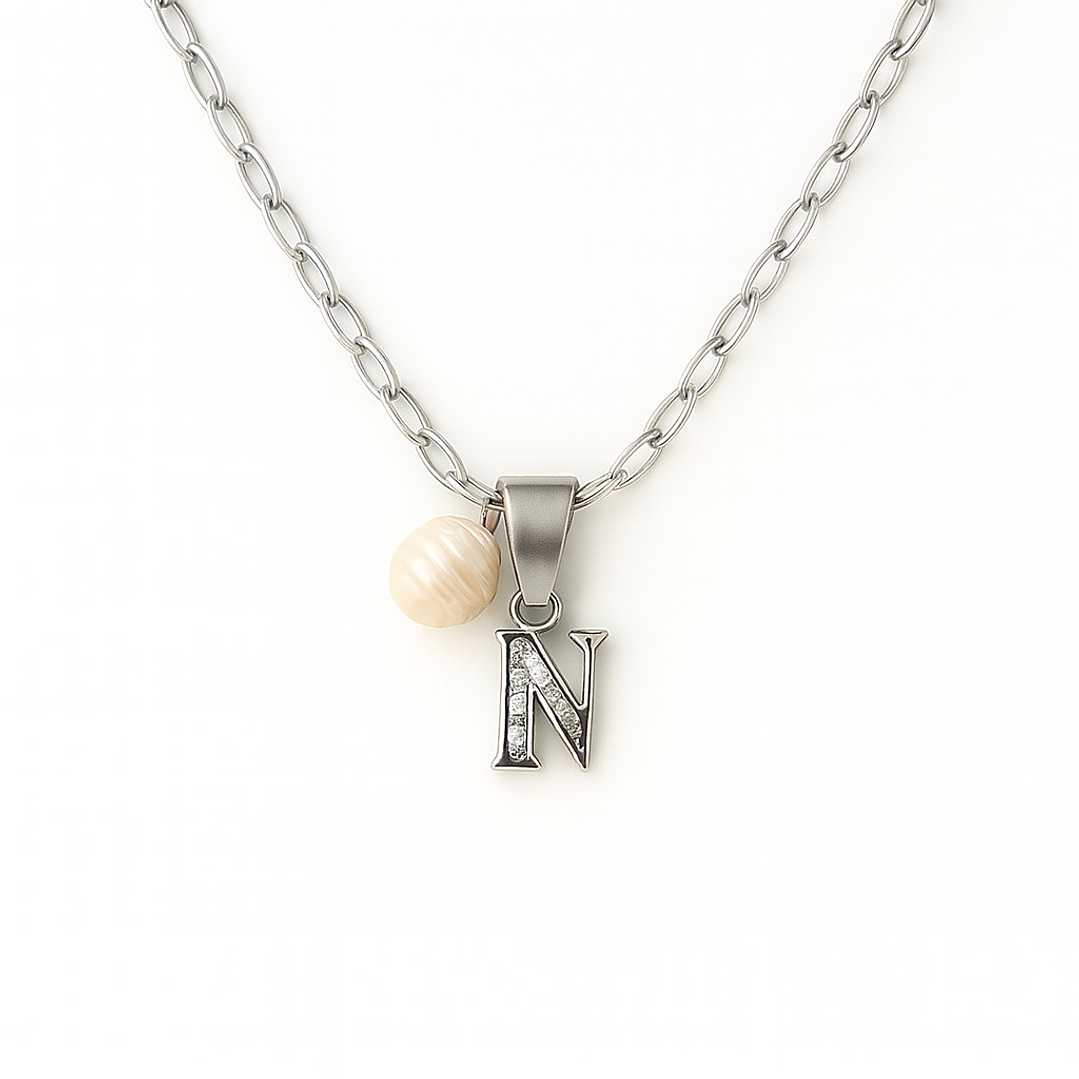 Collar Letra N Circón Perla De Rio Plata Ley 925  1