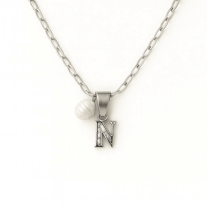 Collar Letra N Circón Perla De Rio Plata Ley 925  1
