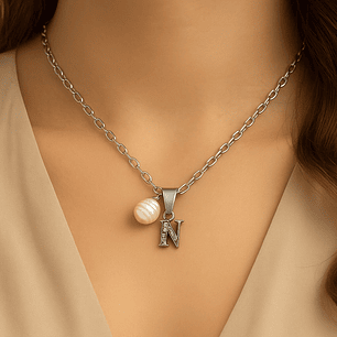 Collar Letra N Circón Perla De Rio Plata Ley 925 