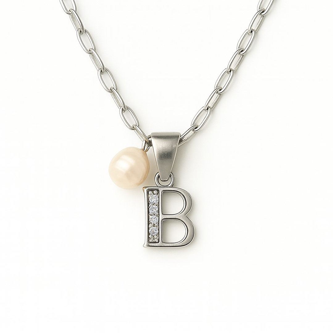 Collar Letra B Circón Perla De Rio Plata Ley 925   1