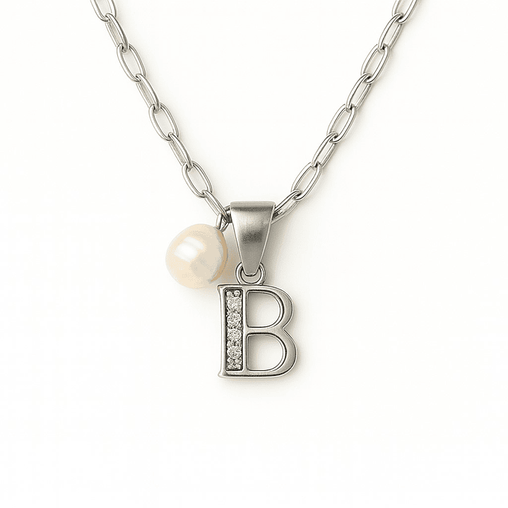 Collar Letra B Circón Perla De Rio Plata Ley 925   1