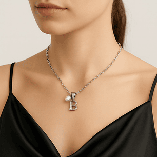 Collar Letra B Circón Perla De Rio Plata Ley 925  