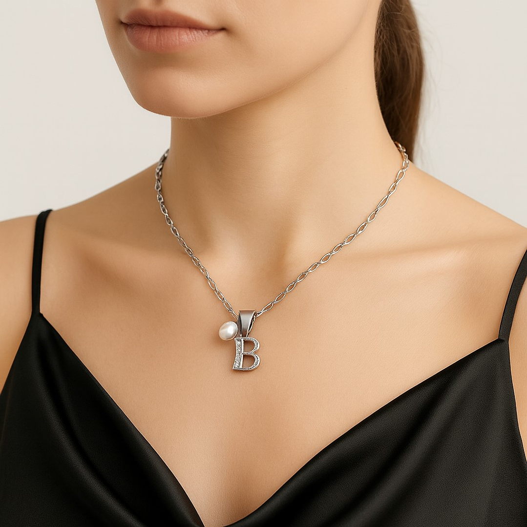 Collar Letra B Circón Perla De Rio Plata Ley 925   2