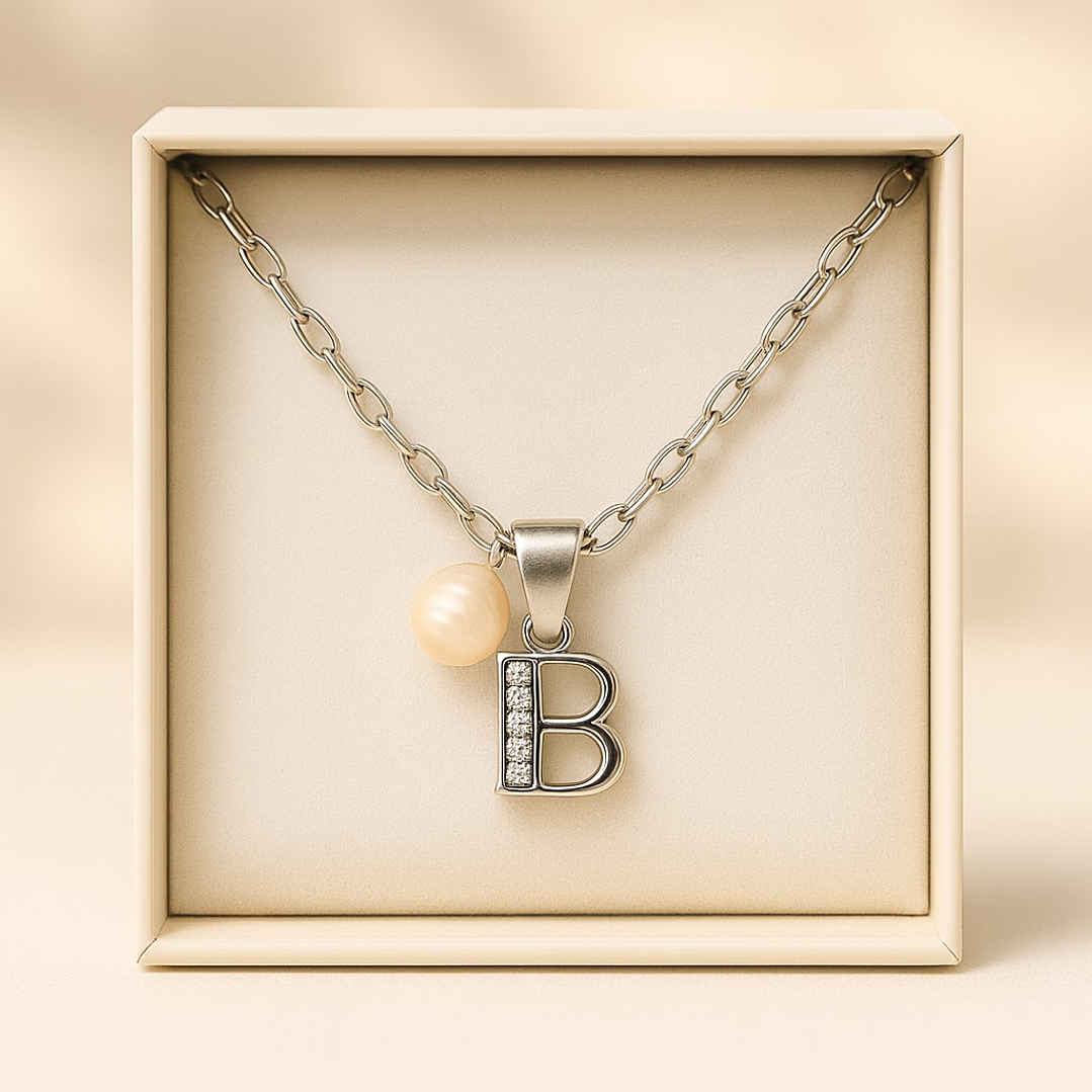 Collar Letra B Circón Perla De Rio Plata Ley 925   3