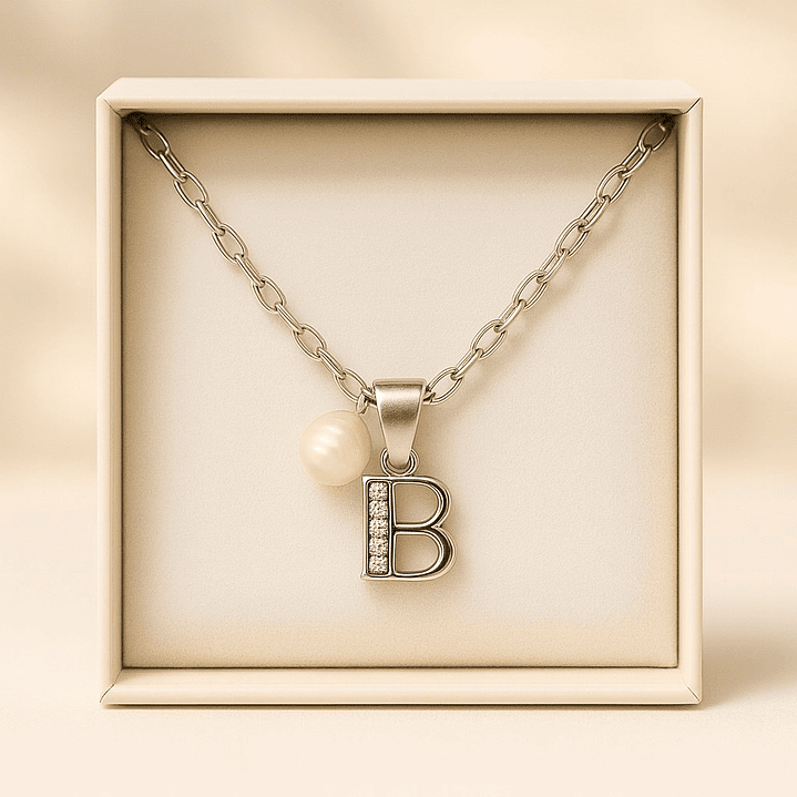 Collar Letra B Circón Perla De Rio Plata Ley 925   3