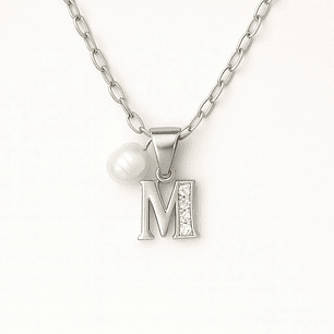 Collar Letra M Circón Perla De Rio Plata Ley 925 