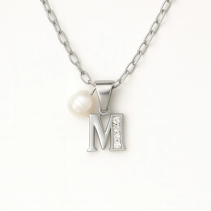 Collar Letra M Circón Perla De Rio Plata Ley 925  1