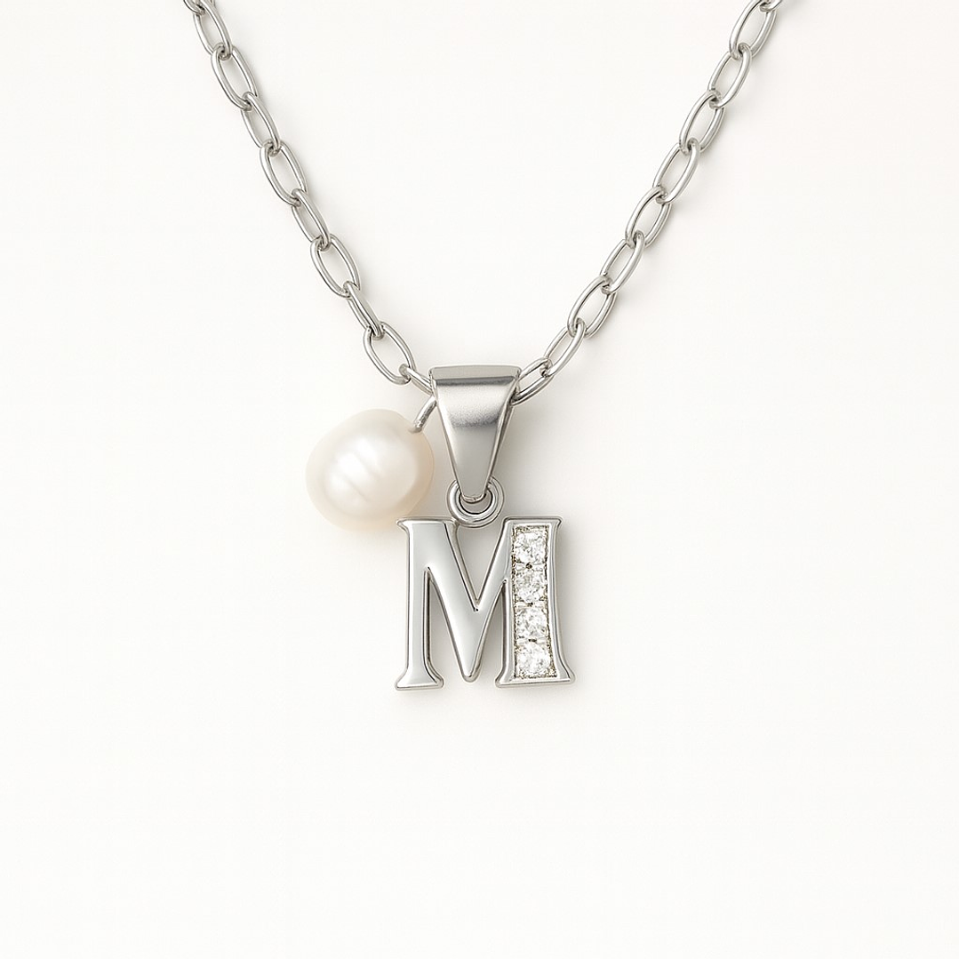 Collar Letra M Circón Perla De Rio Plata Ley 925  1