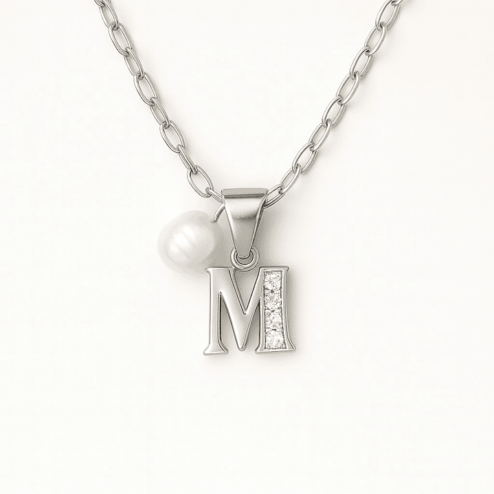 Collar Letra M Circón Perla De Rio Plata Ley 925  1
