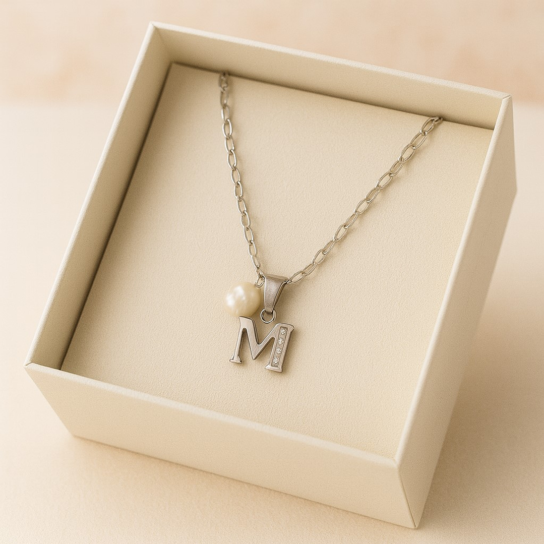 Collar Letra M Circón Perla De Rio Plata Ley 925  3