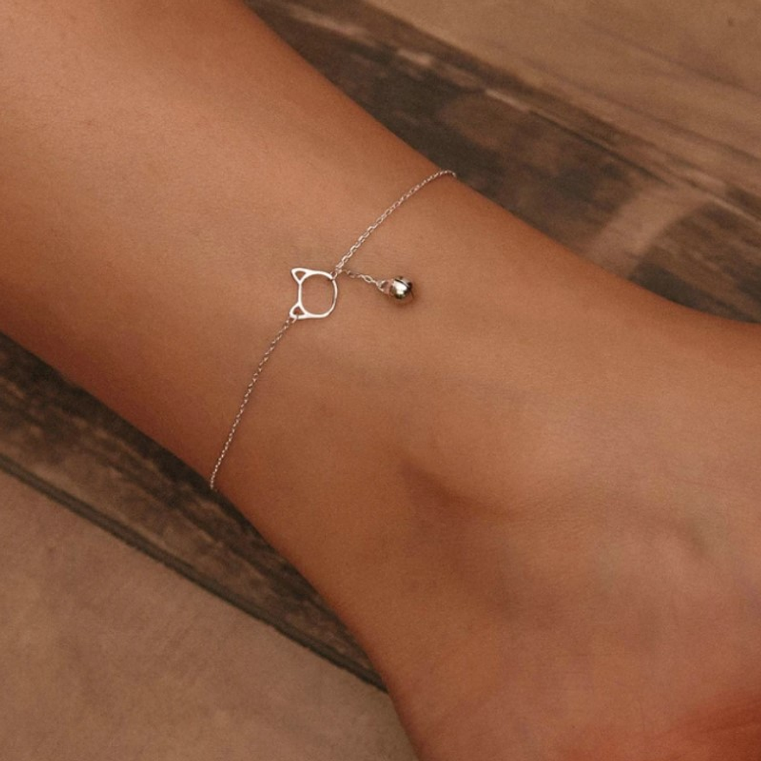 Tobillera Gato Con Campanita en Plata 925  2