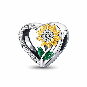 Charm Corazón Flor Girasol en Plata 925 