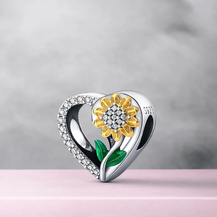 Charm Corazón Flor Girasol en Plata 925  2