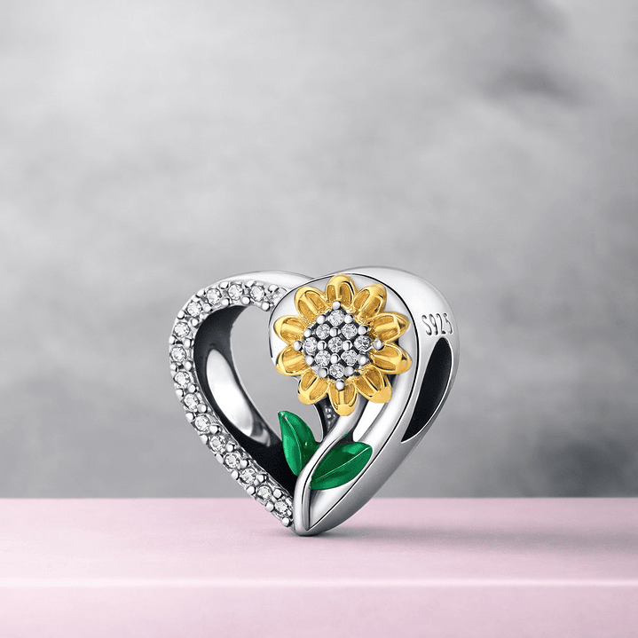 Charm Corazón Flor Girasol en Plata 925  2