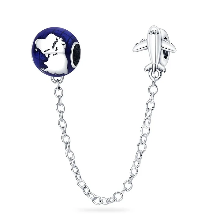 Cadena de seguridad Charm Avión Planeta Tierra en Plata 925   1