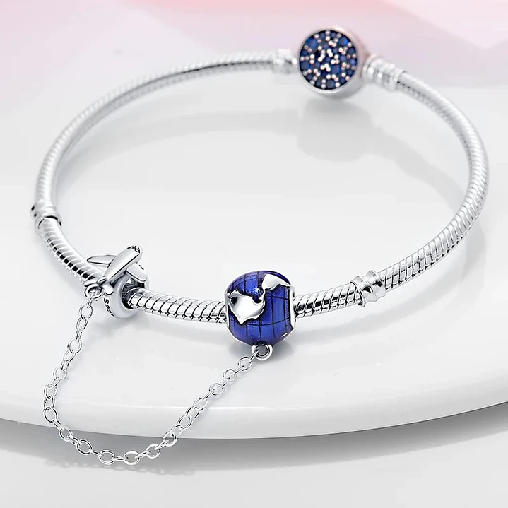 Cadena de seguridad Charm Avión Planeta Tierra en Plata 925   2