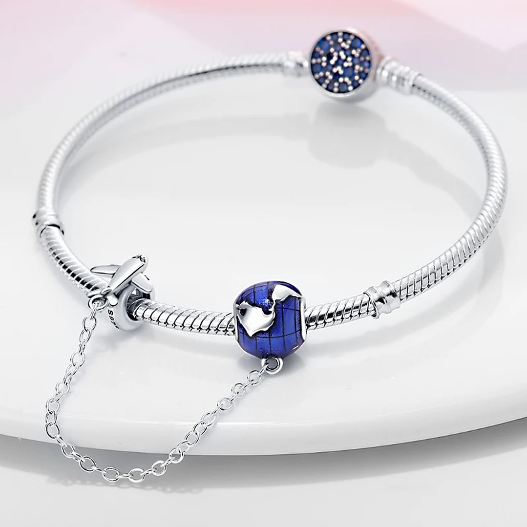 Cadena de seguridad Charm Avión Planeta Tierra en Plata 925   2