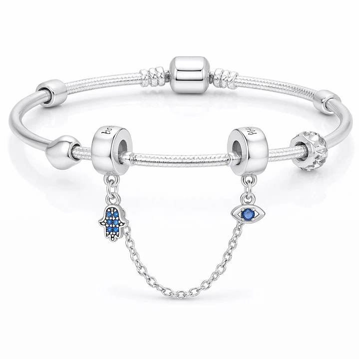 Cadena de seguridad Charm Mano Fatima y Ojo Turco en Plata 925   3