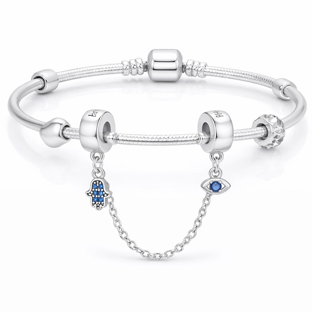 Cadena de seguridad Charm Mano Fatima y Ojo Turco en Plata 925   3