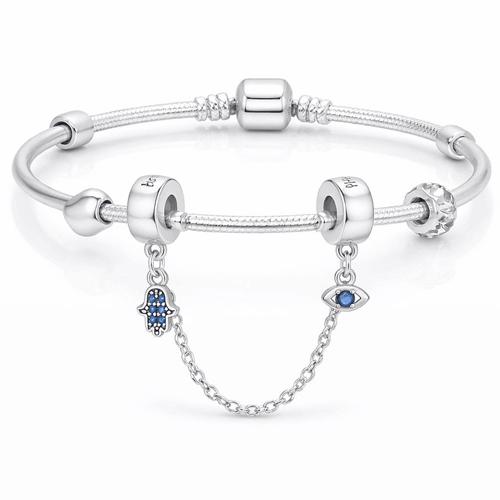 Cadena de seguridad Charm Mano Fatima y Ojo Turco en Plata 925   3